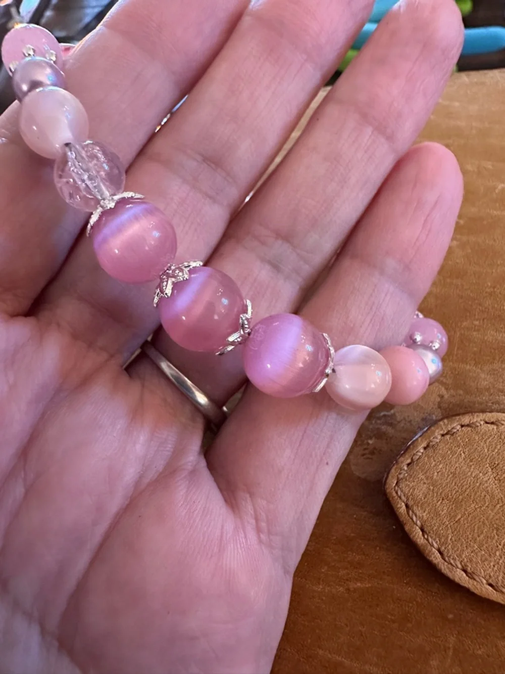 Pink Cat-Eye Beaded Bracelet with Silver Accents - Picture 6 of 8
